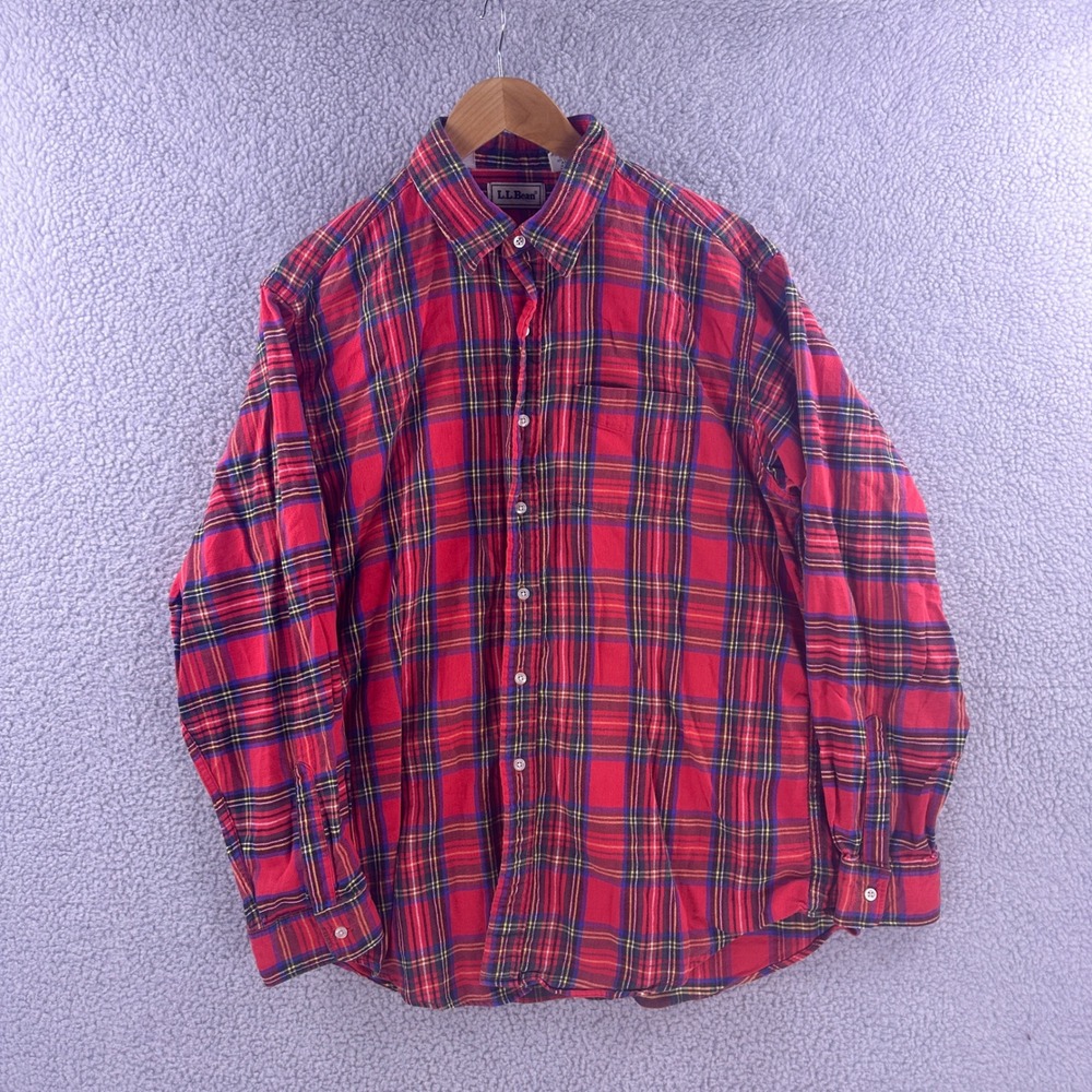Vintage LL Bean Mens XL Red Plaid Flannel Button Down Shirt Stewart Tartan